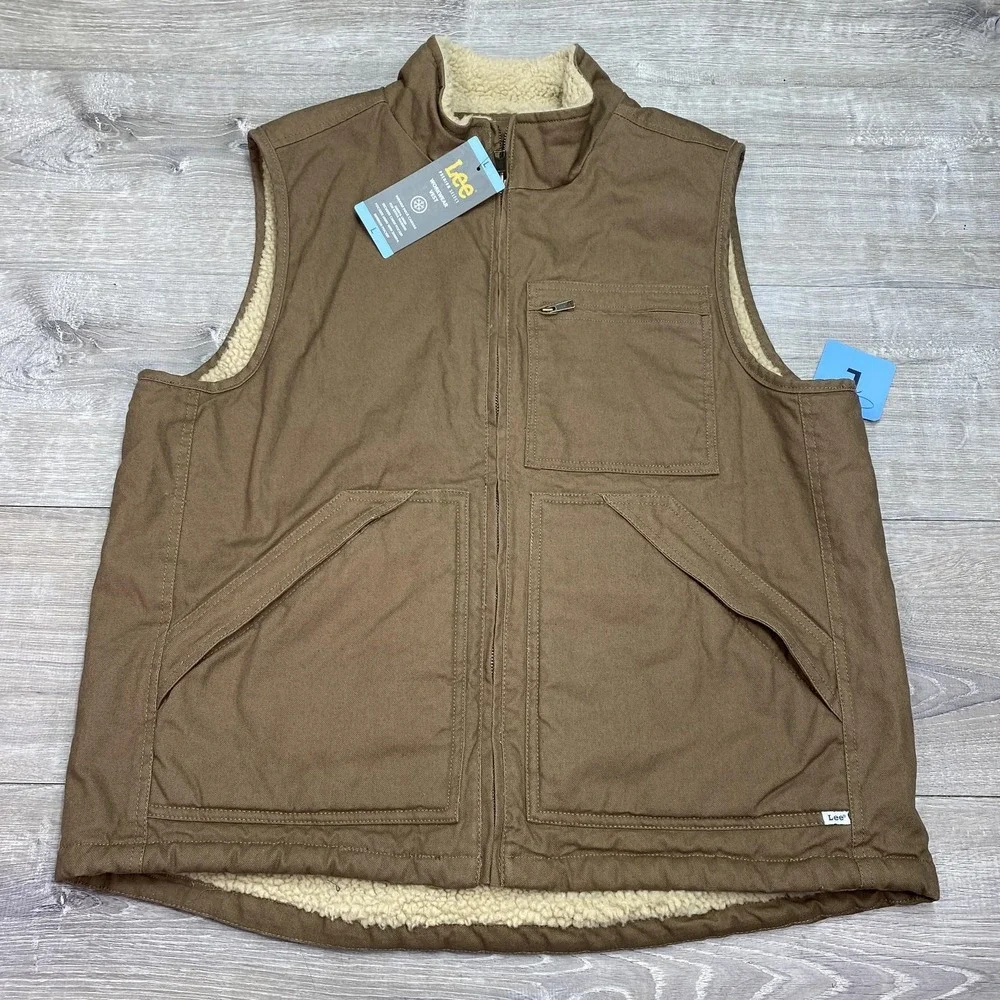 Lee Vest Mens Large Brown Canvas Sherpa Lined‎ Insulated Workwear Full Zip
